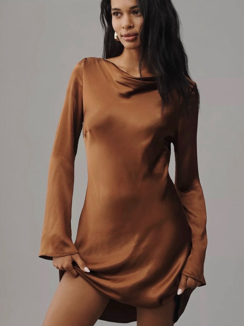 Anthropologie Bronze Satin Long Sleeve Mini Dress